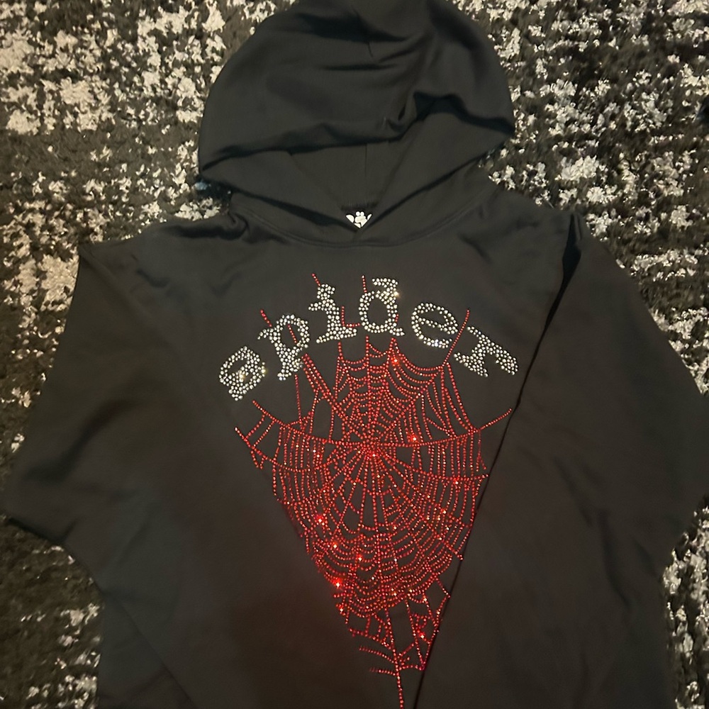 Spider Crystal Web Black Hoodie with Red Accent